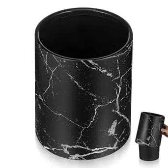 Double Layer Marble Pattern Trash Can Round Garbage Bin 8L Black Waste Basket Container for Kitchen Bathroom Home Office Hotel
