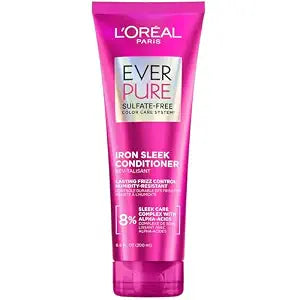 L'Oreal Paris Sulfate Free Iron Sleek Smoothing Conditioner, Frizz Control and Humidity-Resistant Formula with Alpha-Acids for Frizzy Hair, Suitable for Color-Treated Hair, EverPure, 6.8 Fl Oz