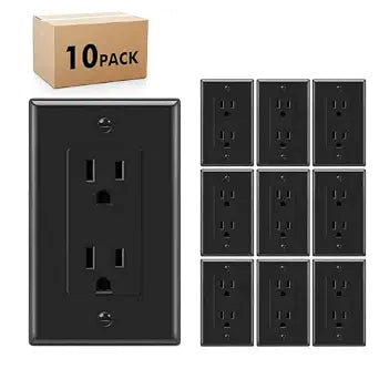 Micmi Decorator Receptacle Outlet, Standard Decorative Wall Outlet, 15 Amp, 125 Volt, Non-Tamper Resistant, Grounding UL Listed Black (15A Outlet with wallplates 10pack)