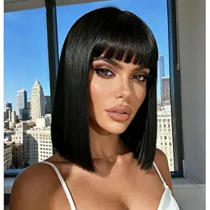Black Short Straight Bob Wig with Bangs for Women(12inch,Black)