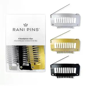Rani Pins® Premium 6 Large Heavy Duty Dupatta Clips, Chunni Clips with Safety Pin - Black, Gold, and Silver - Securely Attach Dupatta, Chunni, Hijab, Veils, Wigs & More to Hair Quickly & Easily