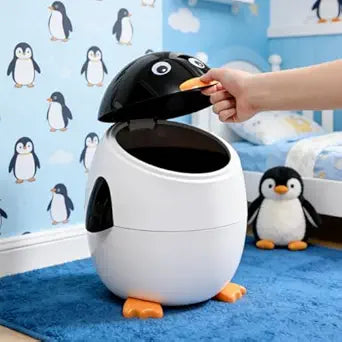 URALFA Penguin Trash Can, 3.2 Gallon Kids Trash Can with Removable Inner Bucket, Animal Themed Garbage Can, Plastic Cute Trash Can for Bedroom, Kids Room, Nursery, Dormitory, Bathroom, White