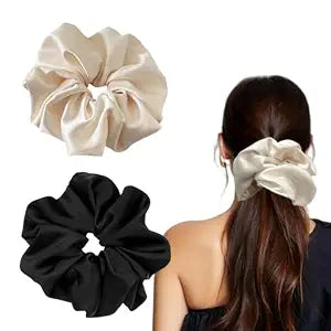 2 Pack Jumbo Satin Silk Scrunchies for Women, 7.5 Inch, Black and Beige