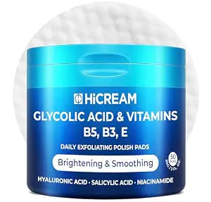Hicream Glycolic Acid Pads, Dual-Textured Facial Exfoliating Toner for Pore Care & Skin Radiance, Deep Cleansing Peel with Niacinamide, Salicylic Acid & Vitamins E, B3, B5 (50 Pads)