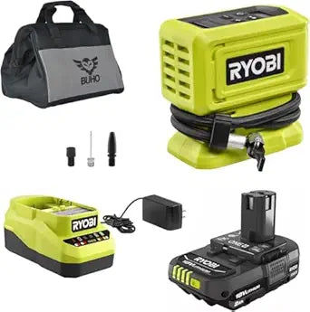 Ryobi Cordless Inflator Accessory Bundle - Ryobi 18 Volt High Pressure Inflator 2.0 Ah Battery 18V Charger Tool Bag for Tires and Inflatables