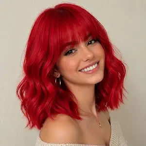 Red Wig with Bangs, Short Wavy Bob Wig for Cosplay & Party