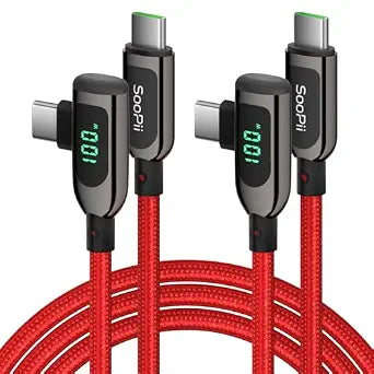 SOOPII 100W Right Angle USB C to USB C Cable,2Pack 6.6FT Zinc Alloy Case Nylon Braided Type-C Cable with LED Display for iPhone 17/16,lPad Air/Pro,MacBook Pro,Samsung S23/S22/S10,Pixel,LG,Red
