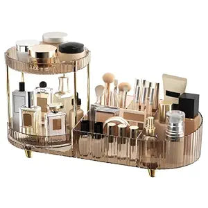 Makeup Organizer Countertop with 2 Rotating Perfume Trays, 5-Compartment Vanity Skincare Organizers, Make Up Desk Organization and Storage with Cosmetic Brush Holder for Bedroom Bathroom Counter