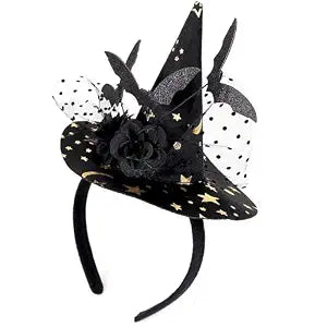 Halloween Witch Hat Headband – Black Gothic Bat Hairband with Black Flower & Stretchy Elastic Band | Halloween Hair Accessories for Women Witch Costume, Cosplay, Festival Party Decoration