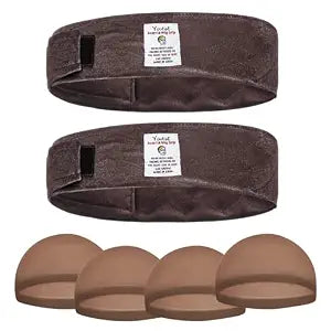 2 Pack Velvet Wig Grip Band with 4 Caps, Adjustable No Slip Headband for Keeping Hair in Place, Soft Breathable Hook and Loop Strap for Beginners