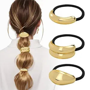 3PCS Metal Hair Tie For Women,Gold Cuffs,Metal Geometric Gold Hair Ties, Hair Accessories Stretchy and Non-Damage Ponytail Holders,Ponytail Cuff Hair Bands For Hair Styling (SET4)
