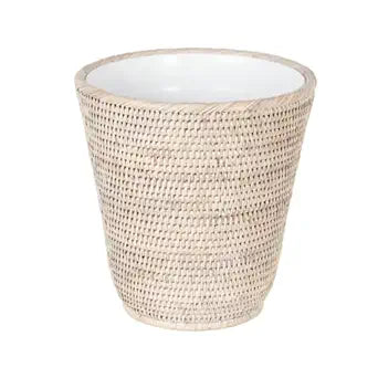 KOUBOO La Jolla Rattan Wastebasket with Plastic Insert, Handmade, Trash Can, Small Wastebasket, Bedroom, Bathroom, Vanity, RV, Dorm, White Wash