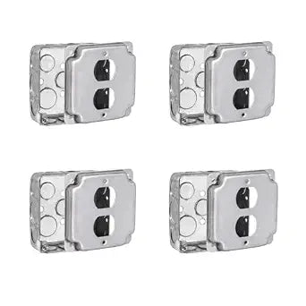 4x4 Square Juntion Box with Duplex Receptacle Cover-4 Sets, Galvanized Steel Electrical Box with 10 * 1/2" & 6 * 3/4" Knockouts, Standard Square Metal Outlet Box-with Screws