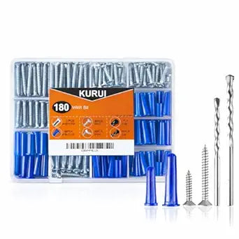 KURUI Concrete Anchors for Drywall Masonry Stucco Brick, 180Pcs Wall Hanging Assortment Kit for Wall Decor Picture Frame, 90 Dry Wall Anchors and 90 Flat Head Screws, Wall Hangers with Drill Bit