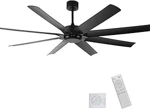 72inch Large Ceiling Fans No light,Industrial Ceiling Fan with 8 Blades(ABS),Reversible DC Motor,Quiet Fans with Remote control,3 Downrods,Black Ceiling Fans for Patio/Porch/Garage/Shop