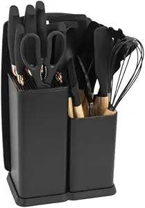 Silicone Kitchen Utensil Set, 19 Piece with Wooden Handles, Cutting Board, Storage Holder, Black Pink Gray Mint Green, Cooking Tools with Organizer (Black)