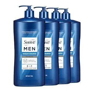 Suave Men Ocean Charge 2 in 1 Refreshing Shampoo & Conditioner with Pro Vitamin B5, Hydrates & Revitalizes Hair, Ocean Fresh Scent, 4 Count, 40 FL OZ Pump