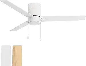 Heritage 52in 3-Blade Pull Chain Flush Mount Fan 2700K-3000K-4000K-5000K-6000K CCT Selectable LED Light Kit with White Hardware with Reversible Blades in Natural Wood or White