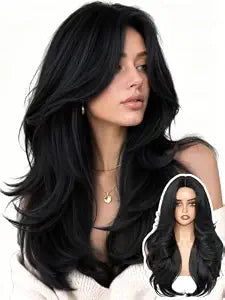 Black Layered Wavy Wig with Curtain Bangs Synthetic Glueless Flip Curls Wig