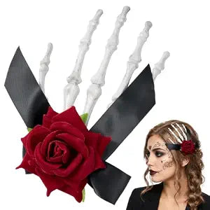 Spooktacular Creations Skeleton Hand Hair Clip for Halloween Costumes Accessories, Goth Bone Hair Claw Clips for Women, Skull Hand Hairpins with Red Roses for Halloween Dress up Cosplay Party