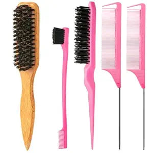 ZVOREI 5pcs Boar Bristle Slick Back Hair Brush Set, Pink