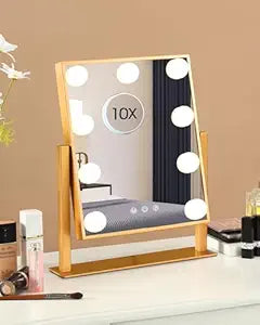 BWLLNI Vanity Mirror with Lights, Hollywood Mirror Lighted Makeup Mirror with 9 LED Bulbs, Touch Control Design 3 Colors Dimmable Bulbs Detachable 10X Magnification 360Rotation(Gold)