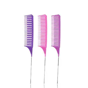 SKYPIA 3 Piece Professional Dyeing Hair Comb Set, Highlight Combs for Hair Stylist Weaving Styling Brush Set with Long Stainless Steel Rat Tail Stylist Combs, Purple & Pink