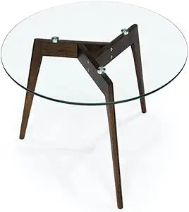Round Tempered Glass End Table, Round Mid Century Coffee Table, Minimalist Small Coffee Table for Small Spaces Living Room Office, with Triskele Walnut Wood Legs (23.6" D x 17.7" H)