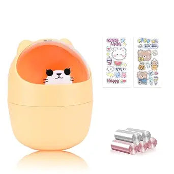 Cute Desktop Tiny Trash Can with Flip Lid, Creative Kawaii Bear Mini Wastebasket, Portable Countertop Dustbin for Office Kitchen Vanity Tabletop Bedroom (Yellow)