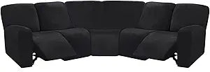 ULTICOR 7-Piece L Shape Sectional Recliner Sofa Covers, Velvet Stretch Reclining Couch Covers for Sofa, Thick, Soft, Washable (Black, 5 Seat Cover)