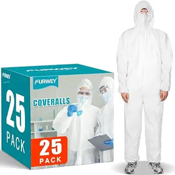 FURWEY Hazmat Suits 25PACK Disposable Protective Coveralls, Heavy Duty Full Body Painters Suit for Men & Women with Elastic Wrists, Ankles and Hood- Breathable & Waterproof-Medium
