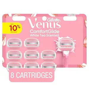 Venus ComfortGlide White Tea Women's Razor Blades, with Built-in Shave Gel Bars, 8 Razor Blade Refills