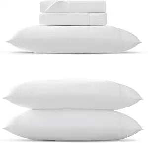 TEXAS LINEN CO. 5 Piece Bedding Bundle - 100% Organic Cotton 3 Piece Sheet Set(Twin, White) with an Extra Pair of Matching Pillowcases