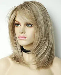 Wigs for white women blonde bob wig medium length wigs for women Sandy blonde with dark roots Synthetic wig for white Women (Sandy blonde ombre)
