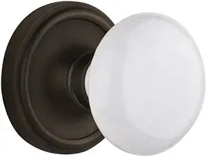 Nostalgic Warehouse Classic Rosette White Porcelain Round Door Knob, Oil Rubbed Bronze