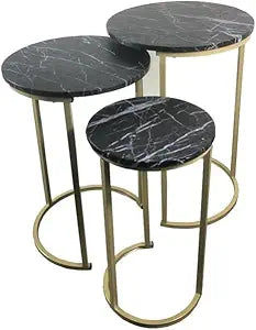 Wooden/Steel Nesting Sofa Side Coffee Tables - Set of 3 Round Nightstand Modern Tables for Living Room Bedroom Home (Black/Gold)