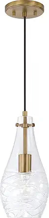 Austin Allen AA1006AD Kier Transitional Clear Teardrop Mini Pendant Lighting Fixture, 1-Light 100 Watt, 13" H x 6" W, Aged Brass