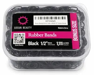 Sosun Beauty Bonus Pack 1111 Count (compare to 1000) 1/2 inch Black Rubber Band Hair Ties for Braids, Twists, Locs, and Ponytails. Soft, Slim, and Strong No-Snag For All Hair Types.