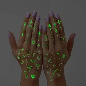 Everjoy Glow-in-the-Dark Temporary Tattoos for Women Luminous Minimalistic Small Finger Tattoos Tiny Boho Decorations Fine Line Art Fake Tattoo Stickers Kit for Women