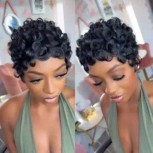 VRZ Pixie Cut Wigs for Black Women Brazilian Curly Pixie Cut Wig Human Hair Glueless Short Layered Wigs With Bangs Natural Black Color No Glue Human Hair Wig for Daily Use