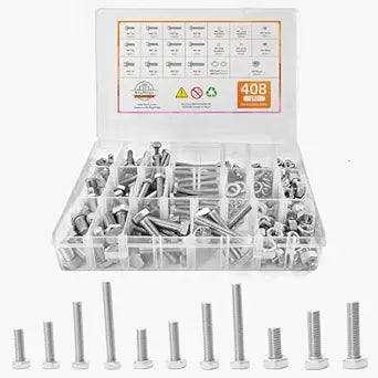 304 Stainless Steel (A2-70) Metric Bolt & Nut Assortment Kit - 408pcs M5/M6/M8 Hex Bolts, Nuts & Washers Set - Fully Threaded 18-8 Stainless Steel Hardware Kit