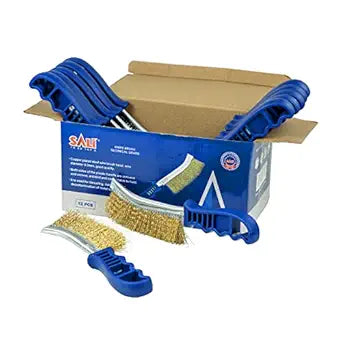 SALI Heavy Duty Wire Brushes for Cleaning Rust Removal Brass Brush Tool 11" Long Handle with Plastic Handle,for Automotive,Grill,Paint , Welding Slag&HouseholdMore and Thicker Bristles Pack of 12