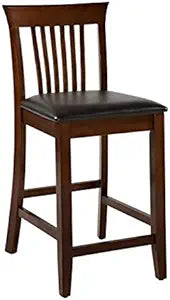 Pemberly Row 25" Wood & Faux Leather Counter Stool, Dark Cherry Finish, Black Padded Seat, Mission Style Slat Back, 17.25" w x 19.5" d x 37" h, Sturdy Bar Stool for Kitchen or Dining Room
