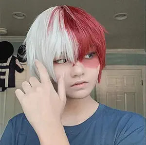 Short Red and White Anime Cosplay Wig, Synthetic Fluffy Wigs for Halloween Adult Costume