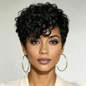 Pixie Cut Curly Human Hair Wig for Women Short Layered Pixie Wigs with Bangs Glueless Brazilian Virgin Curly Human Hair Natural 1b,99j Color Wear and go Wig (Black)