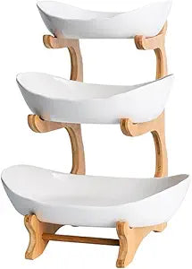 YYW 3 Tier Fruit Basket Ceramic Fruit Bowl Vegetable Storage with Bamboo Wood Porcelain Fruit Stand Storage Holder for Kitchen Counter Large Capacity Fruit Holder for Bread, Snack (White)