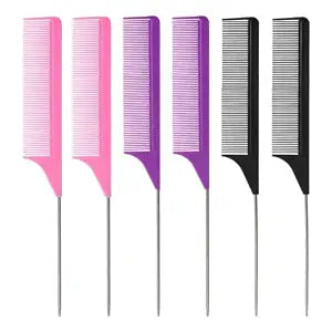 6PCS Rat Tail Combs Set, Parting Fine Tooth Combs with Metal Pick for Braiding Hair Women/Men Highlighting and Parting(Purple, Black, Pink)