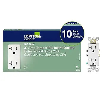 Leviton M02-T5825-Wmp 20a 125v White Decora Tamper Resistant Outlets 10 Count