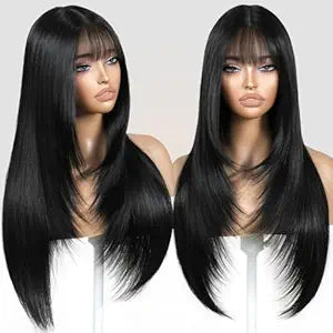 Long Black Wig with Bangs for Women Straight Layered Wigs