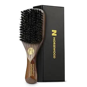 NORSEWOOD Boar Bristle Brush for Shine and Texture - Stiff Bristles for Medium Hair/Beards, Cleaning Brush Included